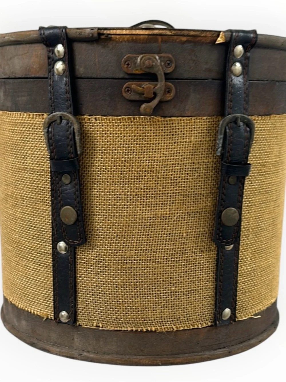 Rustic Round Wood Burlap Storage Box Vintage Style Home Decor 10.5”